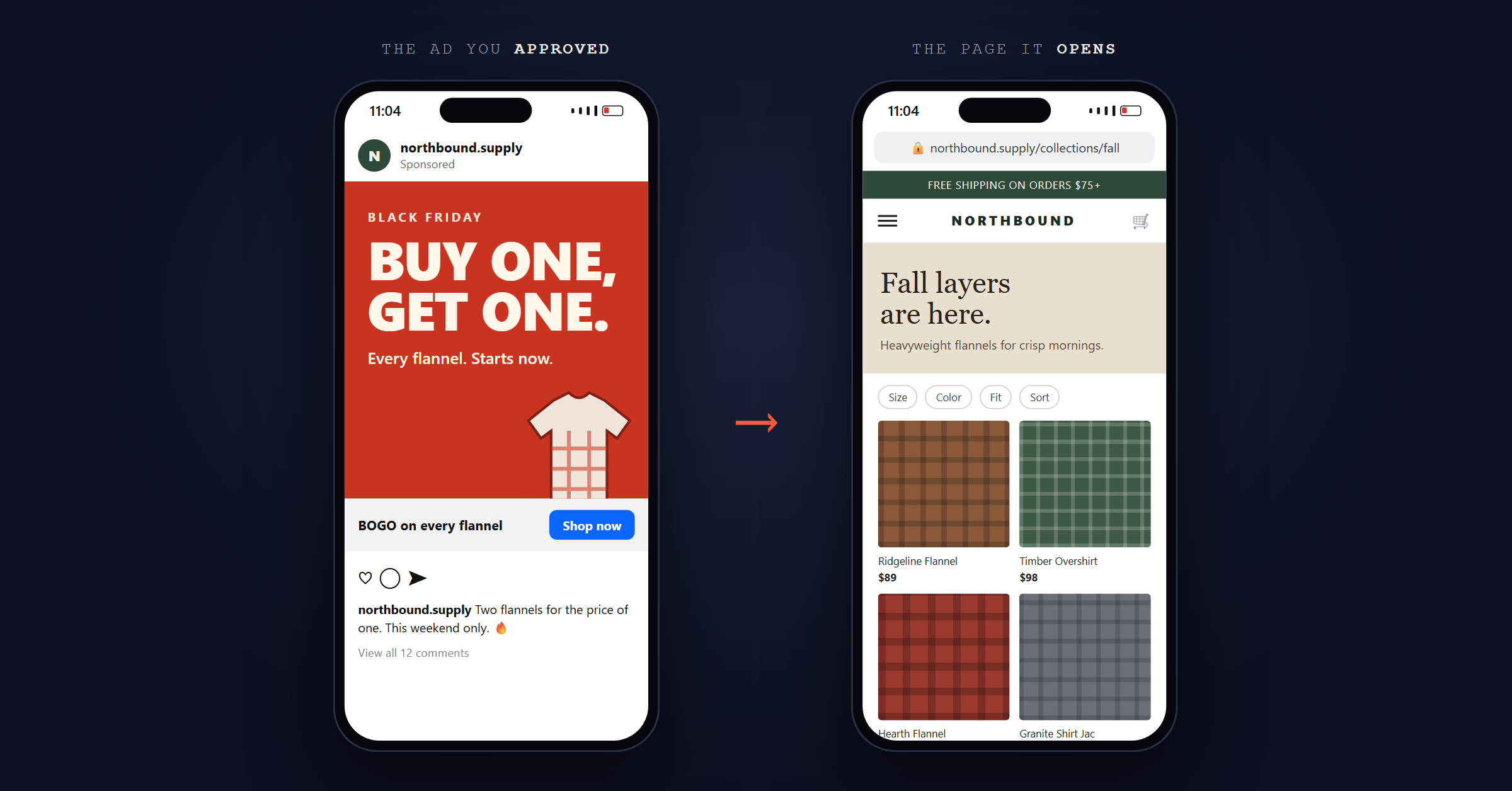 Two phones side by side. On the left, a Black Friday ad that says "Buy one, get one." On the right, the page it opens: a fall collection with no mention of the sale.