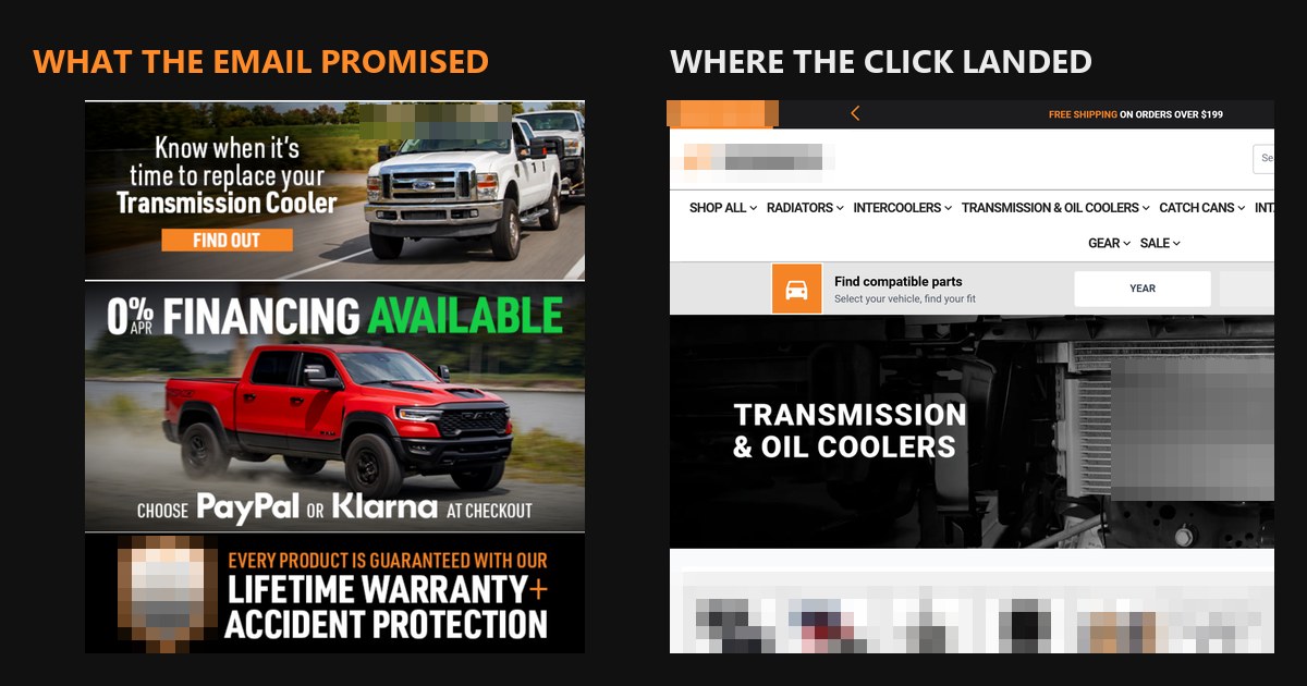 The email promised warning signs, 0% APR financing and a lifetime warranty. The page it linked to was a plain category header.
