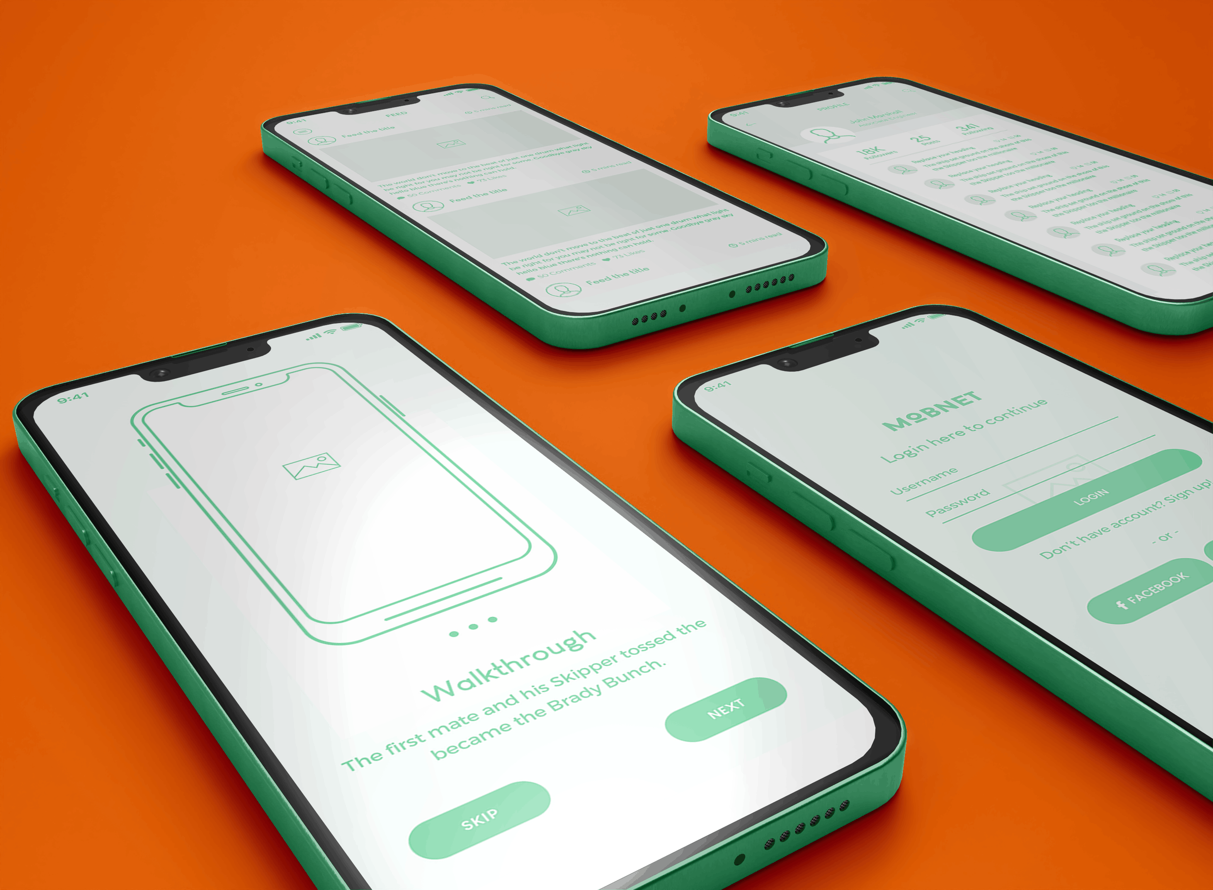 Four green smartphones displaying different screens of a mobile app on an orange surface.