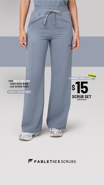 Fabletics ad for Vintage Grey scrub pants: a $15 scrub set as a new VIP offer