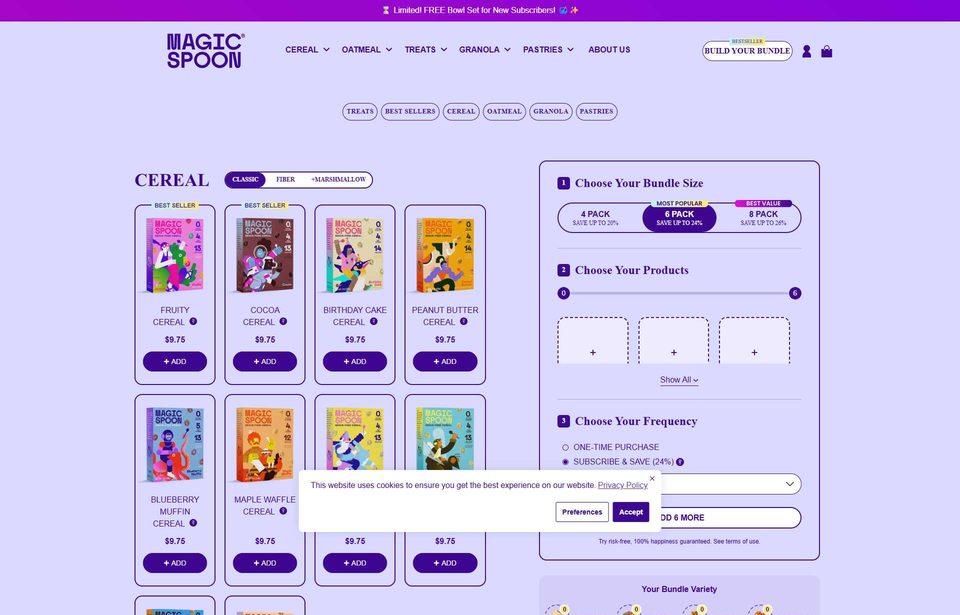 Magic Spoon bundle builder page showing a subscription discount, with no promo code anywhere