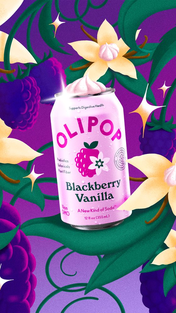 OLIPOP ad: an illustrated Blackberry Vanilla can sitting among vanilla blossoms and blackberries