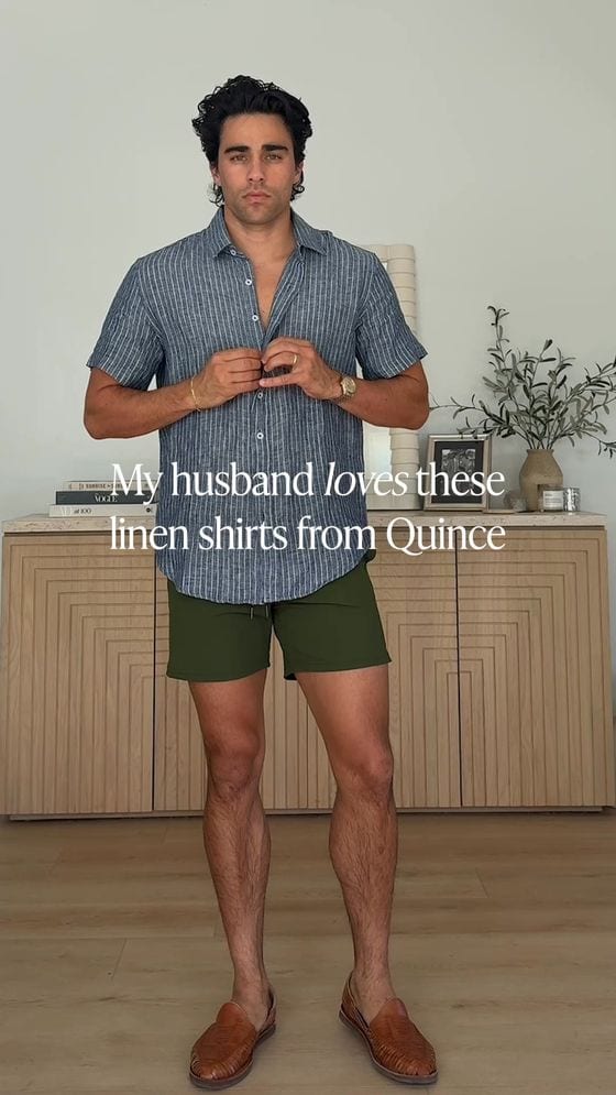 Quince Instagram ad of a man in a linen shirt, captioned 'My husband loves these linen shirts from Quince'