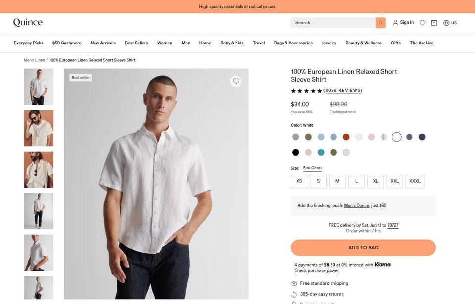 Quince product page for the same linen shirt: $34 marked down from $98, 3,056 reviews, Best Seller flag