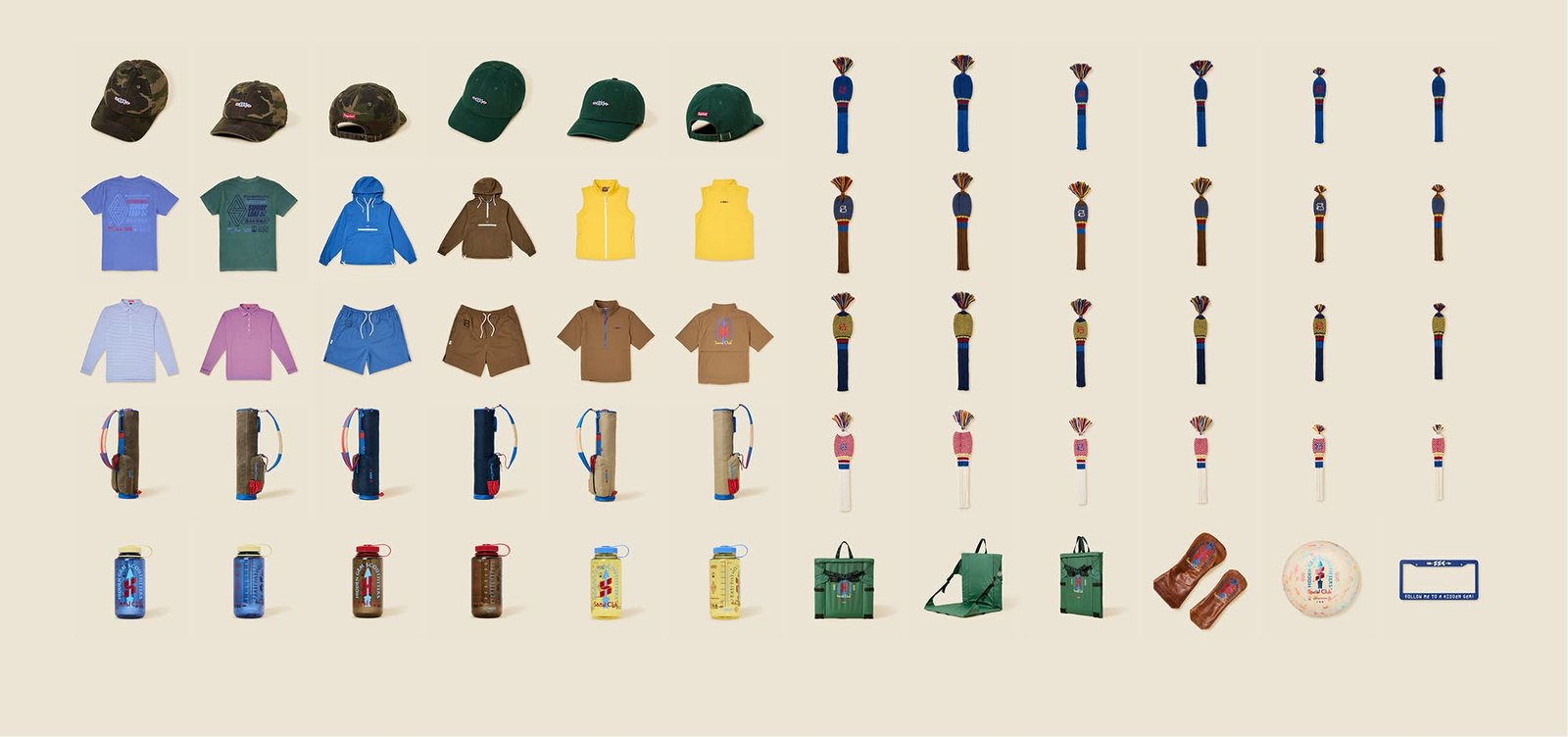A still ad showing a grid of hats, shirts, jackets, golf bags, water bottles and knitted headcovers on a cream background