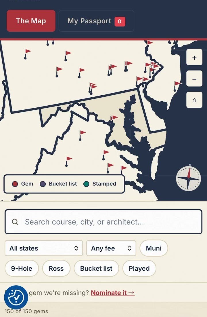 The Hidden Gems map on screen, showing flagged golf courses, a search box for course, city or architect, filters for state, fee, muni and 9-hole, and a counter reading 150 of 150 gems