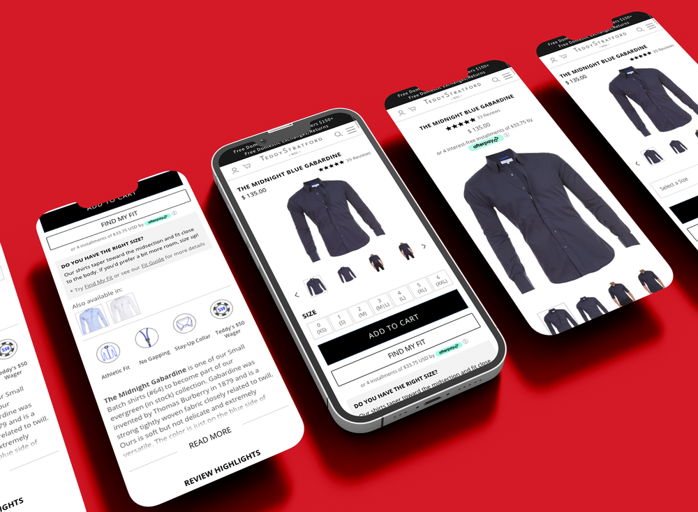 Three smartphones displaying an online clothing store page featuring a navy blue men's shirt, set against a red background.