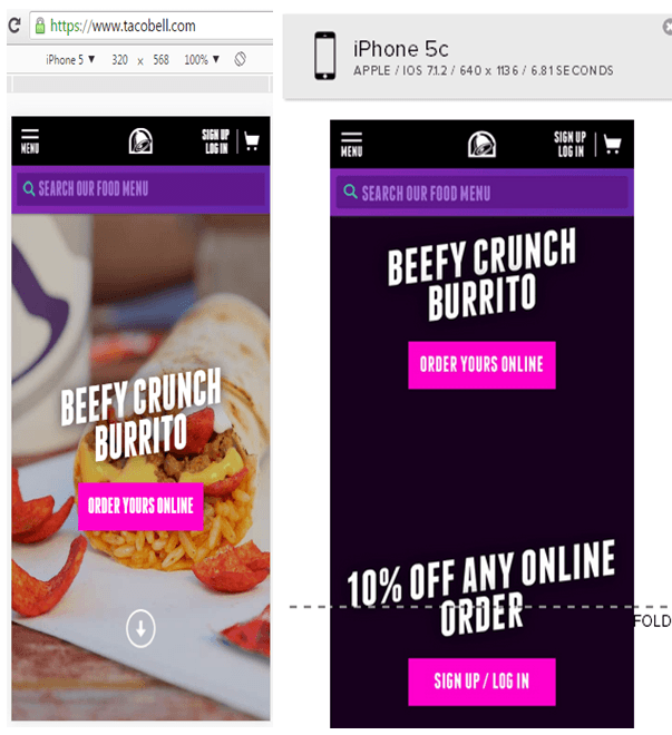taco bell's website on google chrome device mode